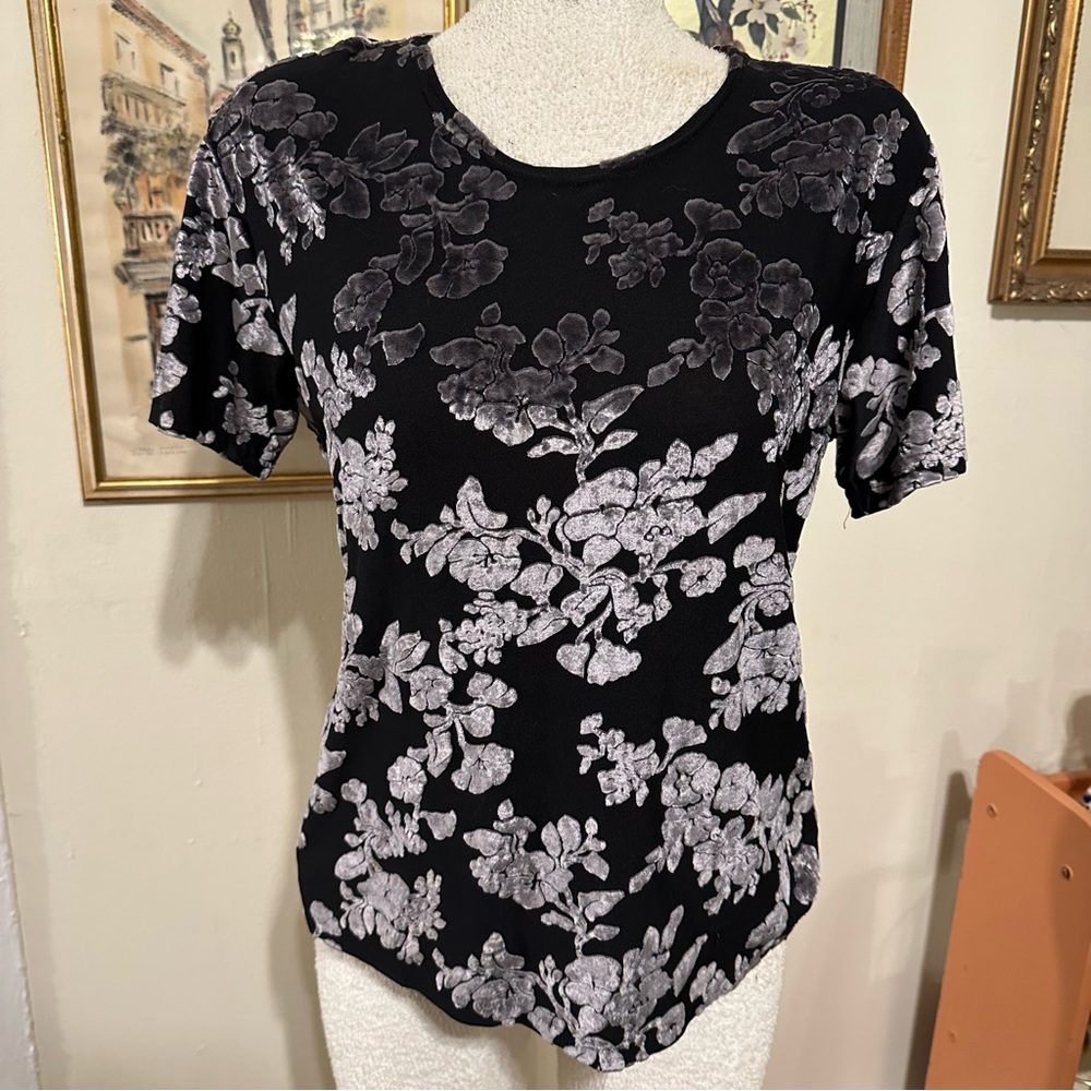 Black and Silvery Gray Velvet Burn Out Short Sleeve Shirt XSmall